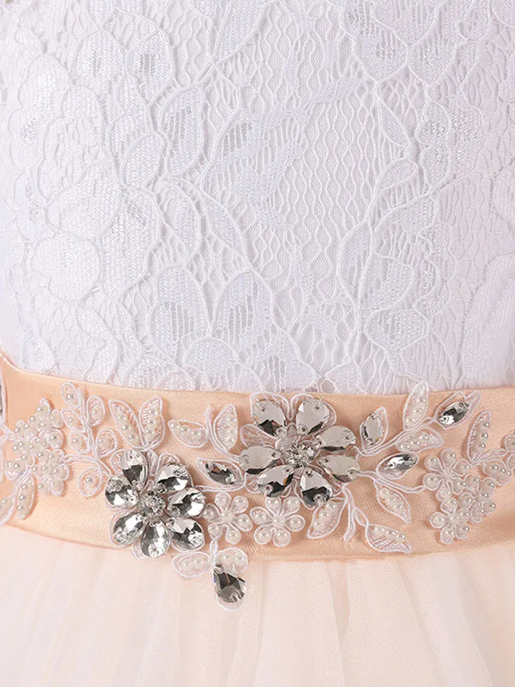 Jewel Neck Lace Sleeveless Ankle Length Ball Gown Studded Kids Pageant flower girl dresses