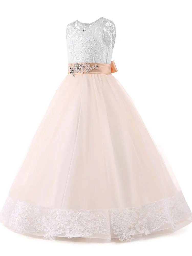 Jewel Neck Lace Sleeveless Ankle Length Ball Gown Studded Kids Pageant flower girl dresses
