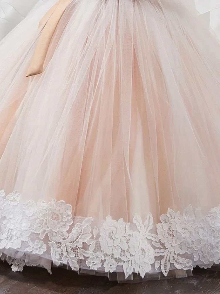 Jewel Neck Lace Sleeveless Ankle Length Ball Gown Studded Kids Pageant flower girl dresses