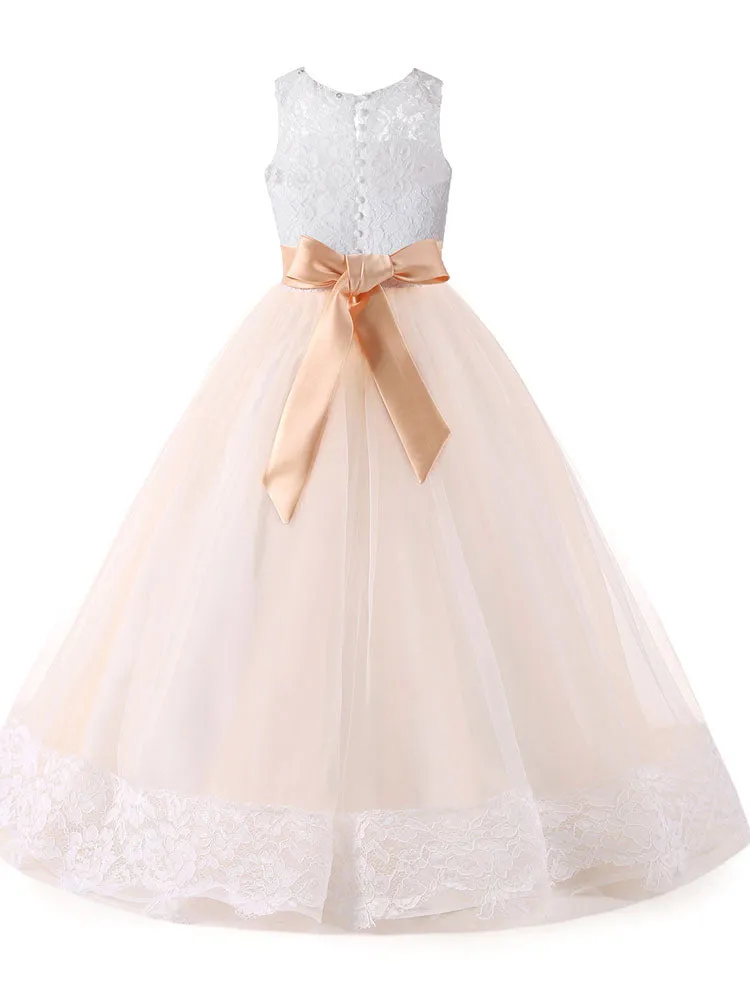 Jewel Neck Lace Sleeveless Ankle Length Ball Gown Studded Kids Pageant flower girl dresses