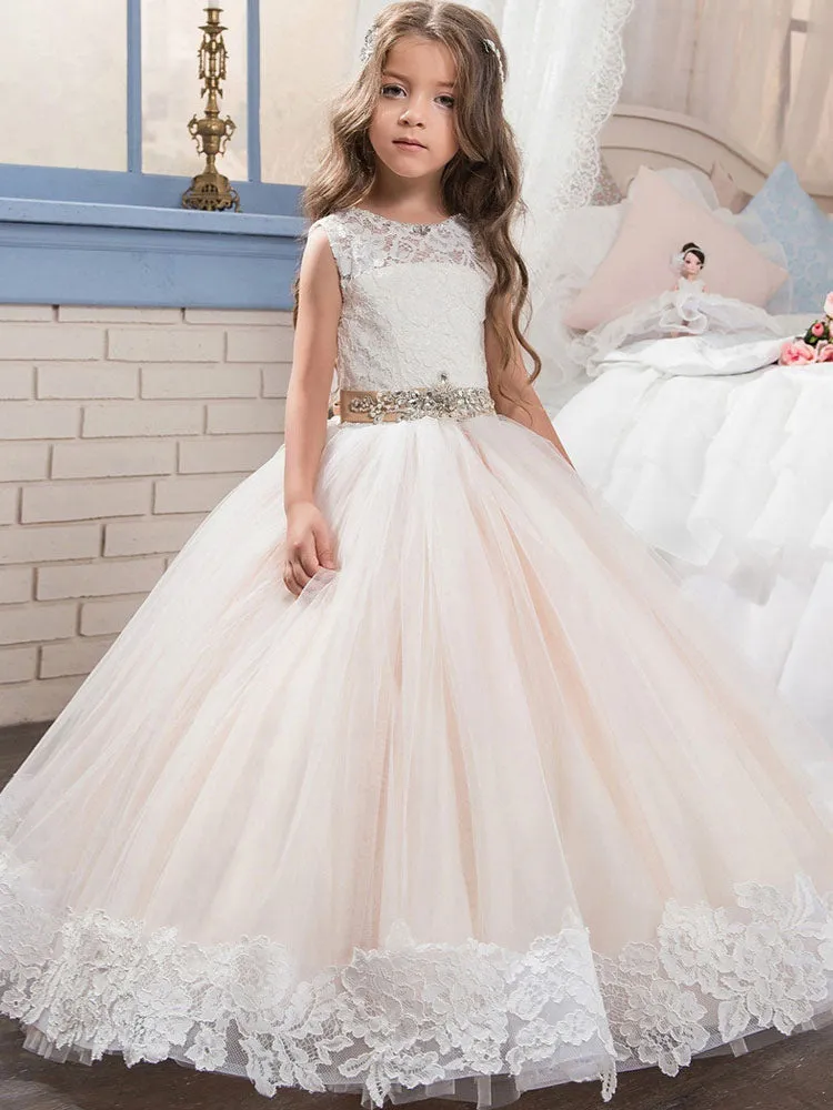 Jewel Neck Lace Sleeveless Ankle Length Ball Gown Studded Kids Pageant flower girl dresses
