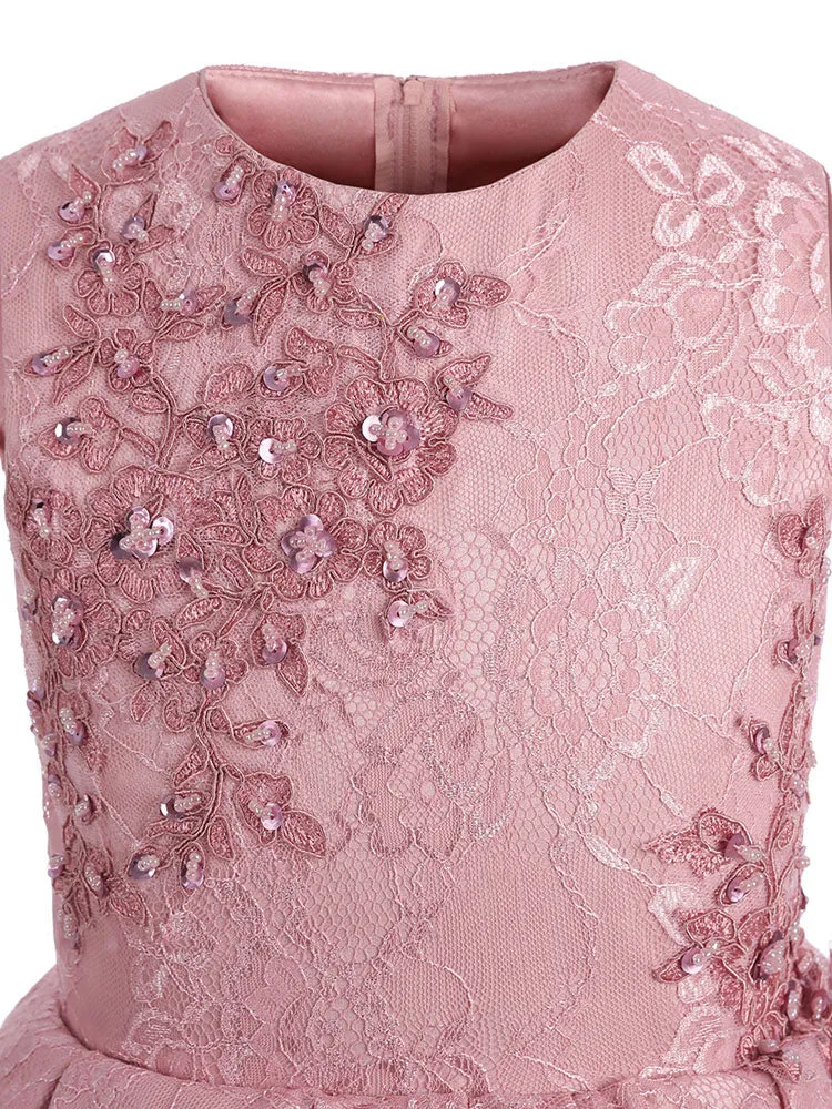 Jewel Neck Lace Sleeveless Short A-Line Applique Kids Social Party Dresses