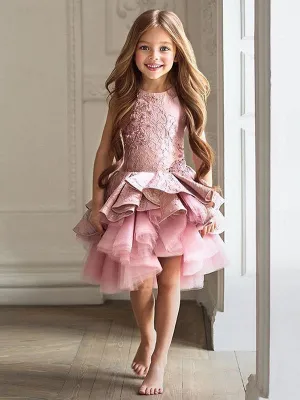 Jewel Neck Lace Sleeveless Short A-Line Applique Kids Social Party Dresses