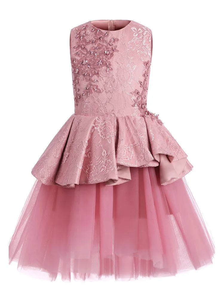 Jewel Neck Lace Sleeveless Short A-Line Applique Kids Social Party Dresses