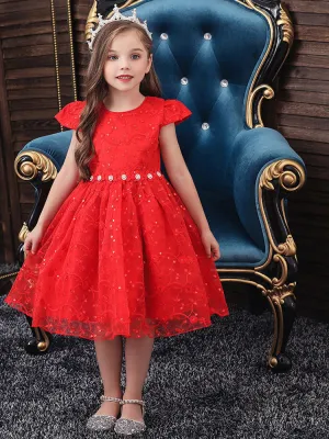 Jewel Neck Polyester Cotton Short Sleeves Short Princess Flowers Kids Social Party Dresses