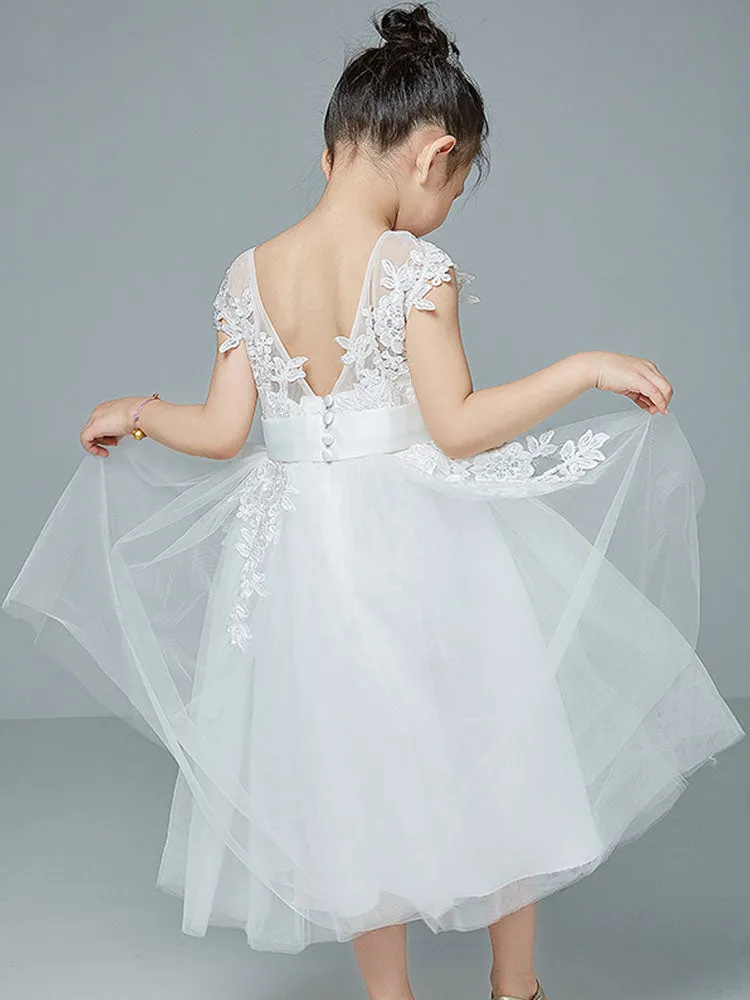 Jewel Neck Polyester Cotton Sleeveless Short Princess Embroidered Kids Social Party Dresses