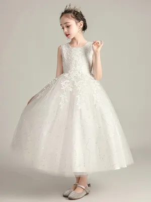 Jewel Neck Polyester Sleeveless Ankle Length Ball Gown Bows Kids Party Dresses