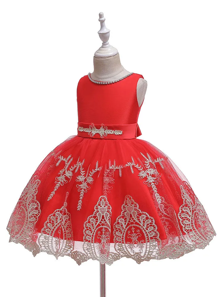 Jewel Neck Short Sleeves Bows Kids Social Party Dresses