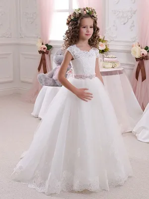 Jewel Neck Short Sleeves Sash Kids Princess Dresses