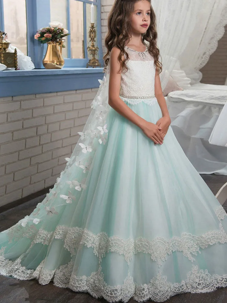 Jewel Neck Sleeveless Butterfly Detachable Wrap Formal Kids Pageant flower girl dresses