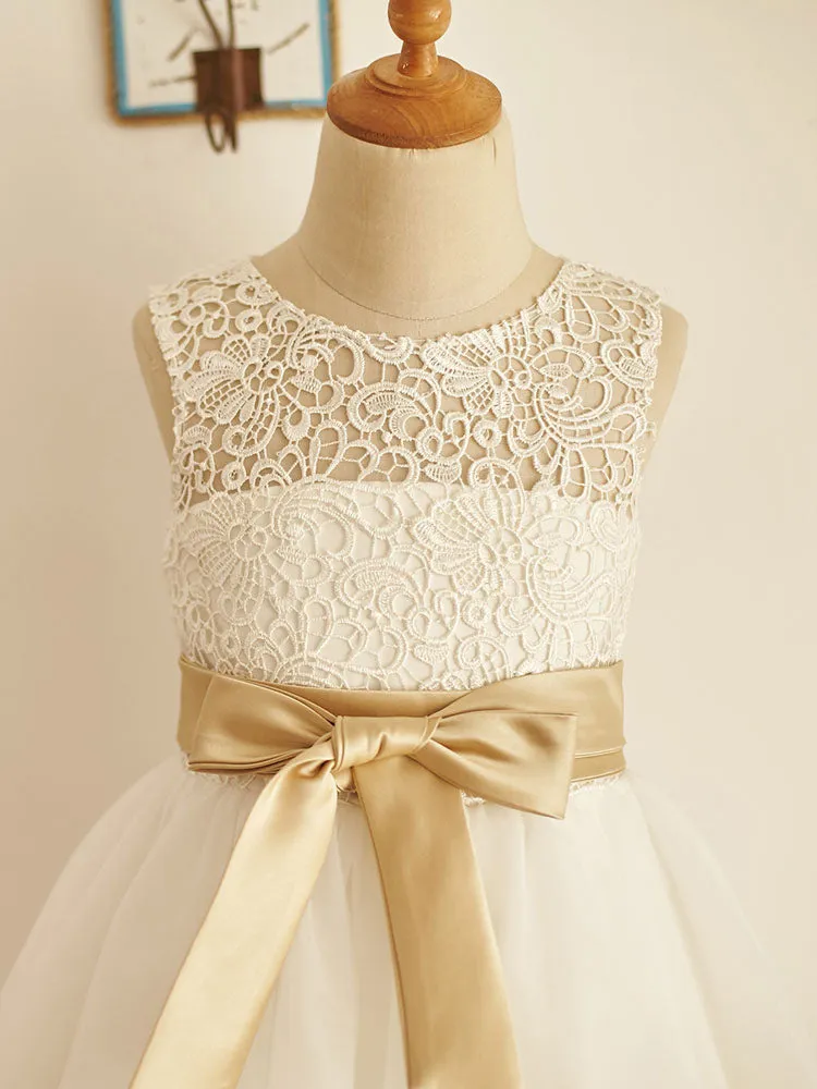 Jewel Neck Sleeveless Sash Kids Social Party Dresses