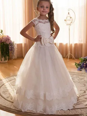 Jewel Neck Tulle Short Sleeves Floor Length Princess Bows Kids Formal Pageant Dresses