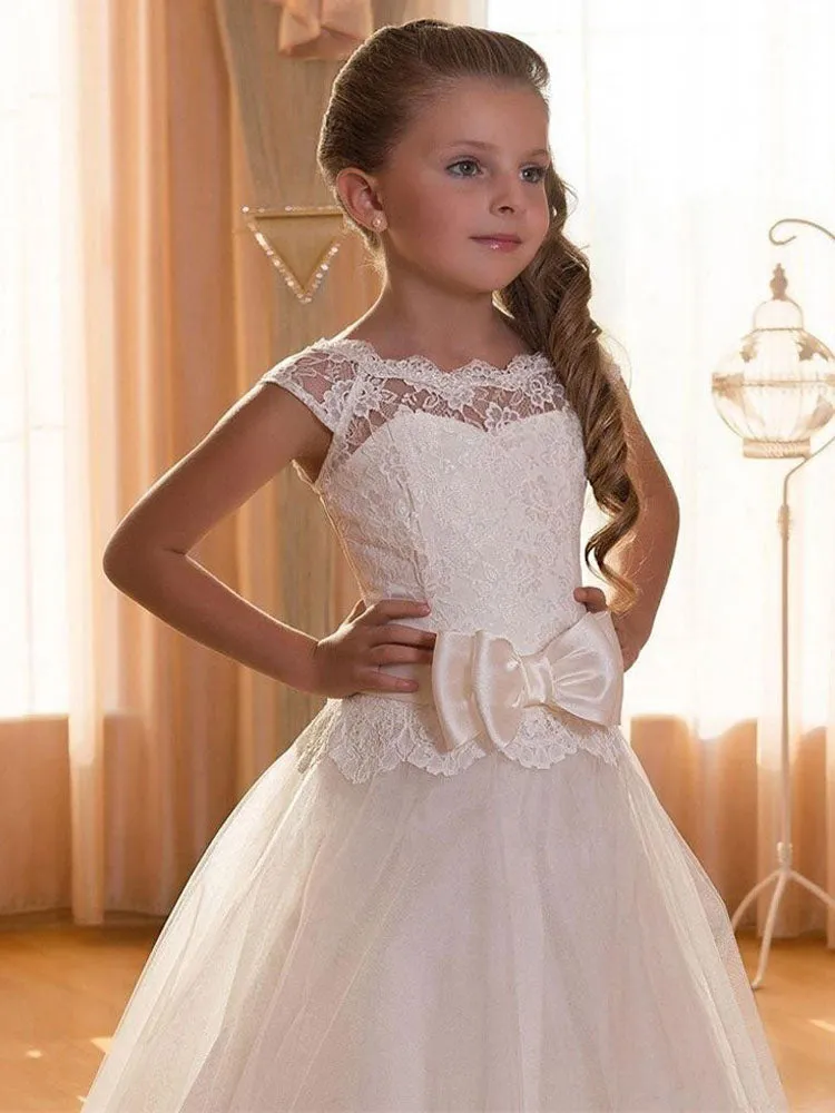 Jewel Neck Tulle Short Sleeves Floor Length Princess Bows Kids Formal Pageant Dresses