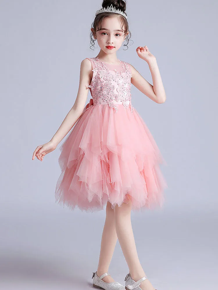 Jewel Neck Tulle Short Sleeves Short Princess Embroidered Kids Social Party Dresses