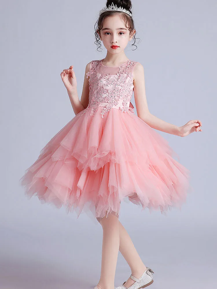 Jewel Neck Tulle Short Sleeves Short Princess Embroidered Kids Social Party Dresses