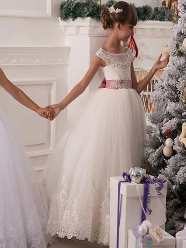 Jewel Neck Tulle Sleeveless Ankle Length Princess Bows Kids Party Dresses