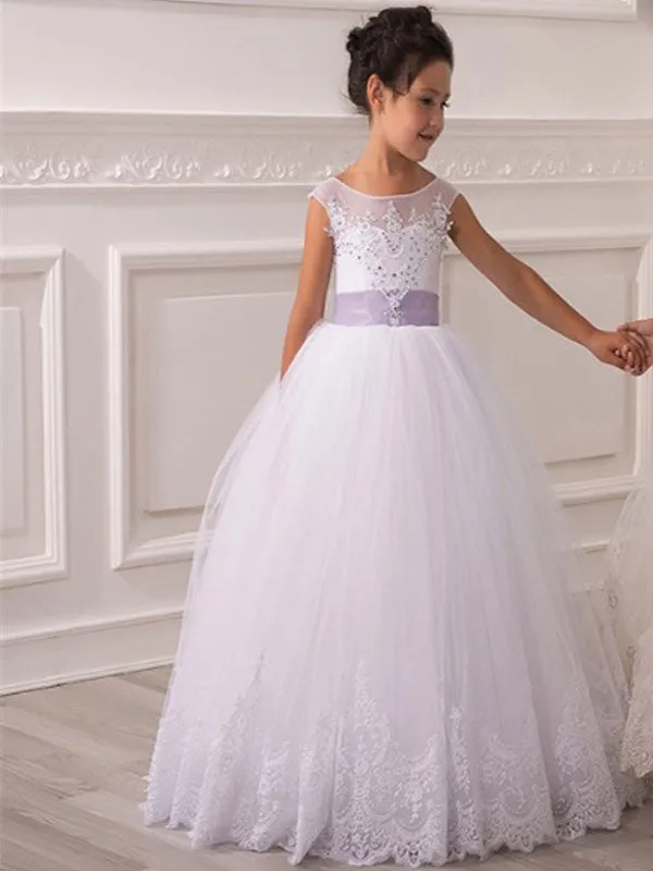 Jewel Neck Tulle Sleeveless Ankle Length Princess Bows Kids Party Dresses