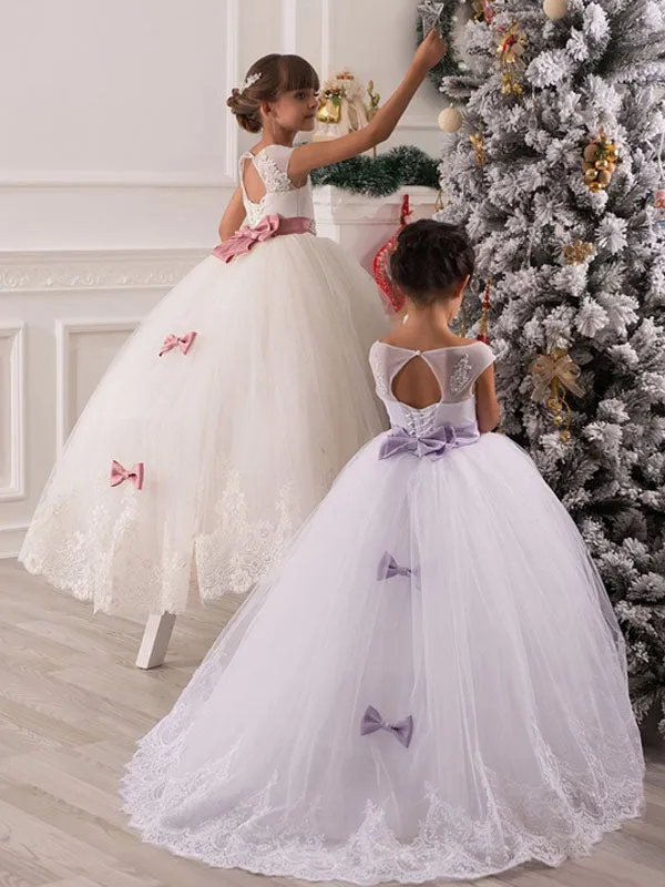 Jewel Neck Tulle Sleeveless Ankle Length Princess Bows Kids Party Dresses