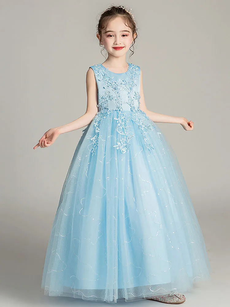 Jewel Neck Tulle Sleeveless Ankle Length Princess Embroidered Kids Party Dresses