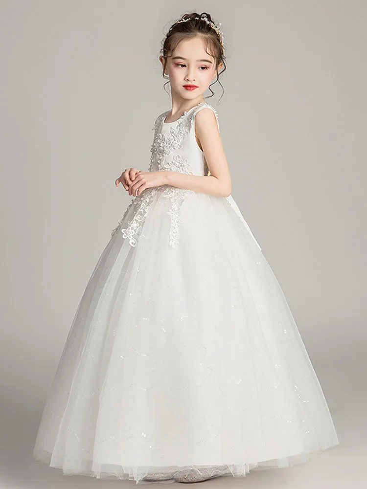 Jewel Neck Tulle Sleeveless Ankle Length Princess Embroidered Kids Party Dresses