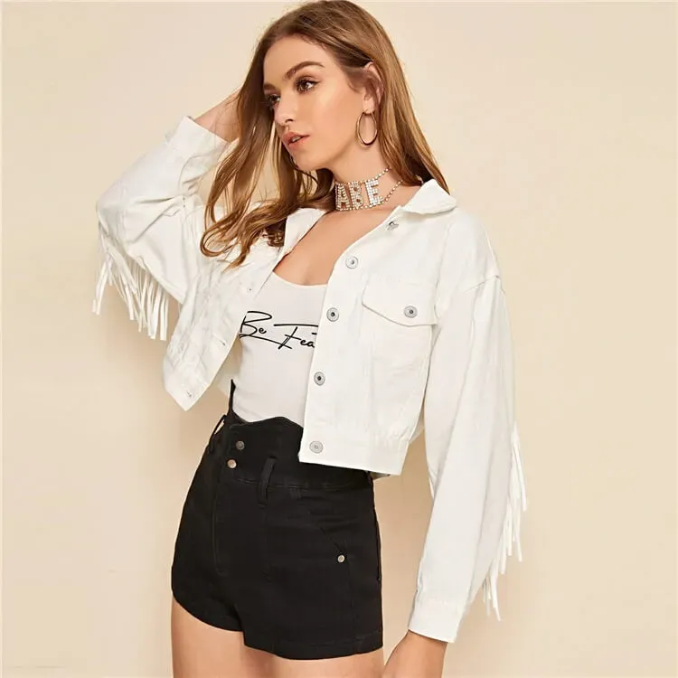 Jive Fringed Cropped Button-Up Denim Jacket