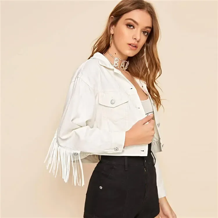 Jive Fringed Cropped Button-Up Denim Jacket