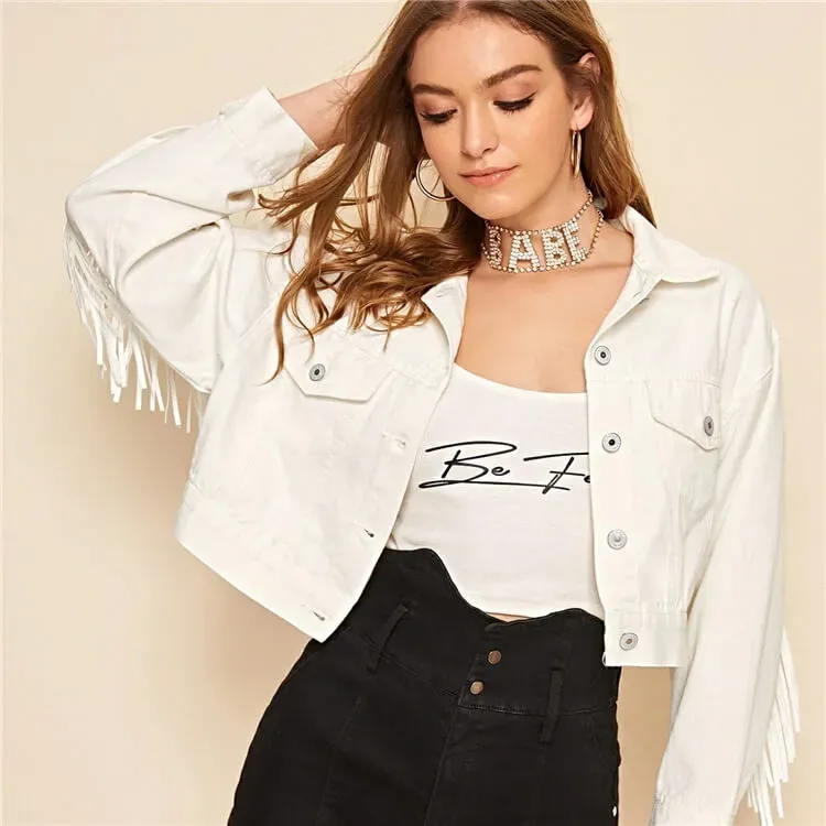 Jive Fringed Cropped Button-Up Denim Jacket