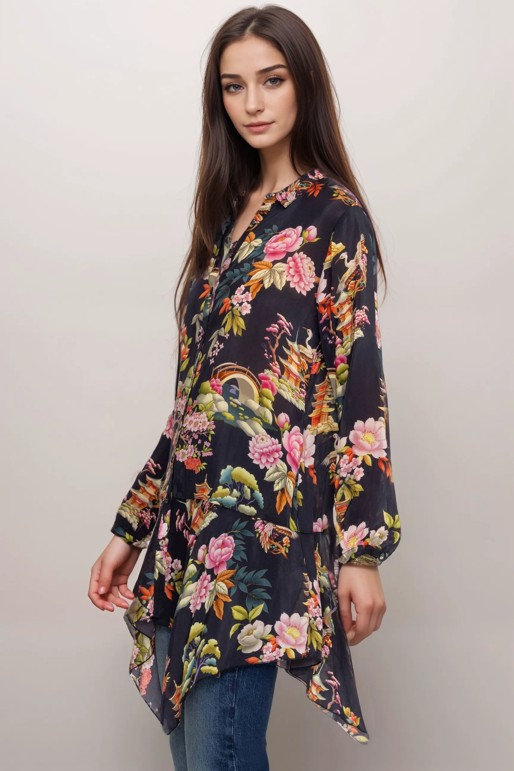 Johnny Was Black Rossi Floral Button-Down Tunic Top C21724B8