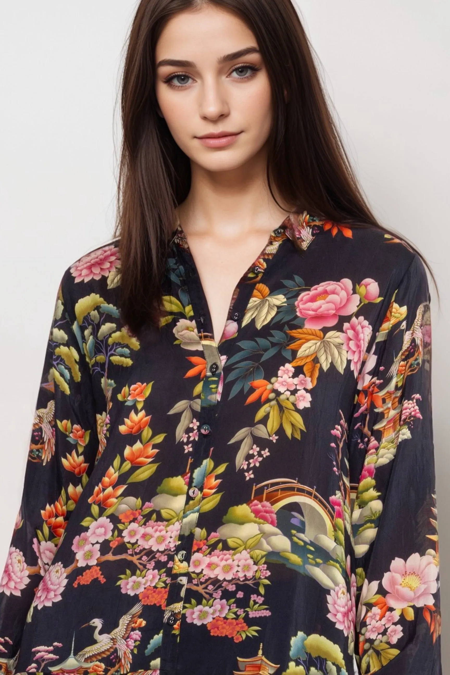 Johnny Was Black Rossi Floral Button-Down Tunic Top C21724B8