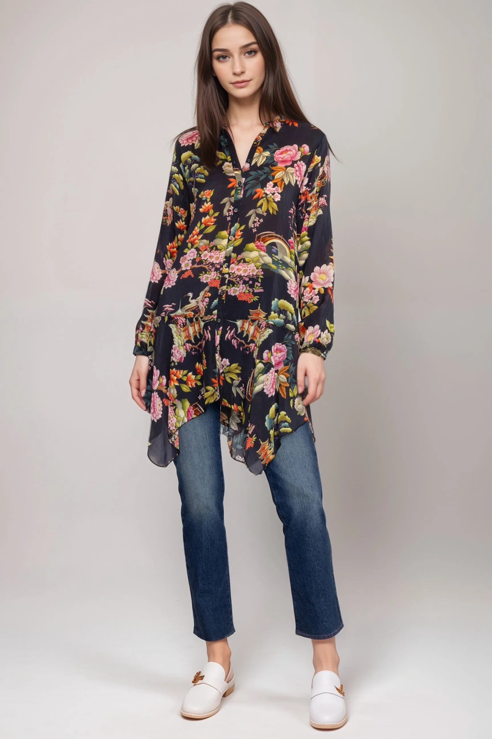 Johnny Was Black Rossi Floral Button-Down Tunic Top C21724B8