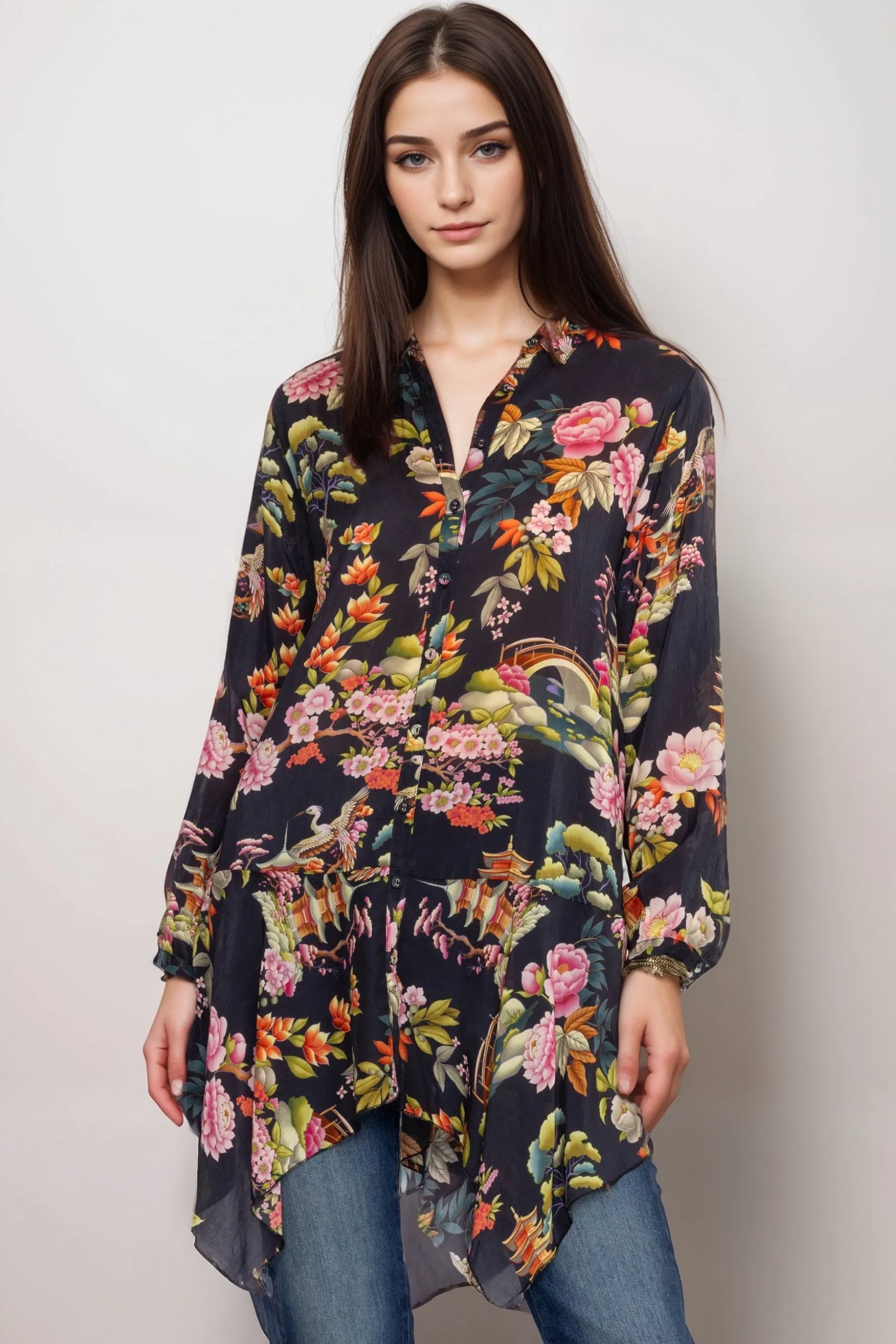 Johnny Was Black Rossi Floral Button-Down Tunic Top C21724B8