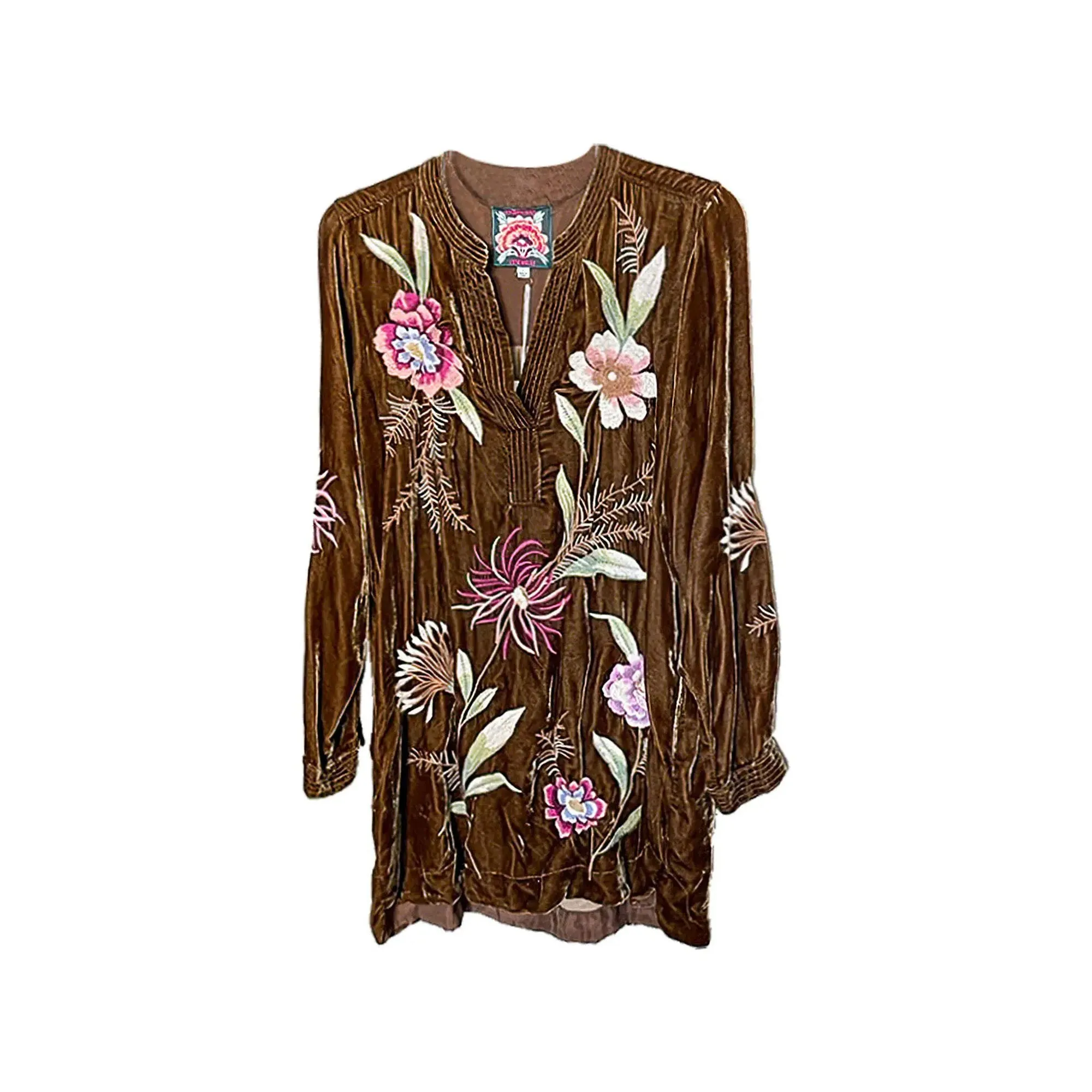 JOHNNY WAS MERIAH RELAXED TRAPUNTO TUNIC Long Sleeve Floral Black Top New