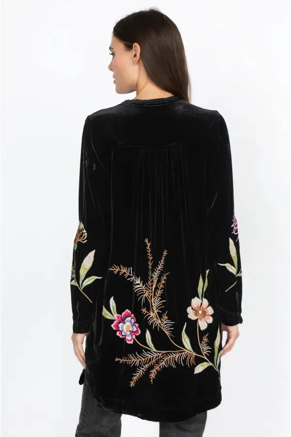 JOHNNY WAS MERIAH RELAXED TRAPUNTO TUNIC Long Sleeve Floral Black Top New
