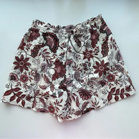 JOIE cream &amp; red floral linen high waist flowy shorts with tassel drawstring