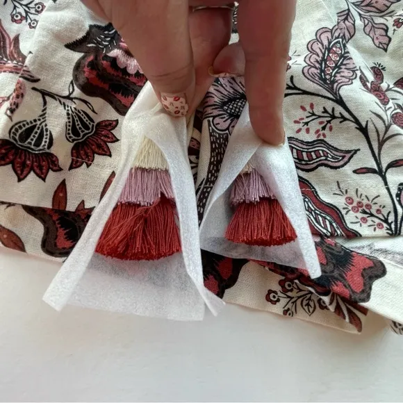 JOIE cream &amp; red floral linen high waist flowy shorts with tassel drawstring