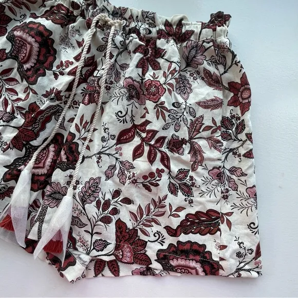JOIE cream &amp; red floral linen high waist flowy shorts with tassel drawstring
