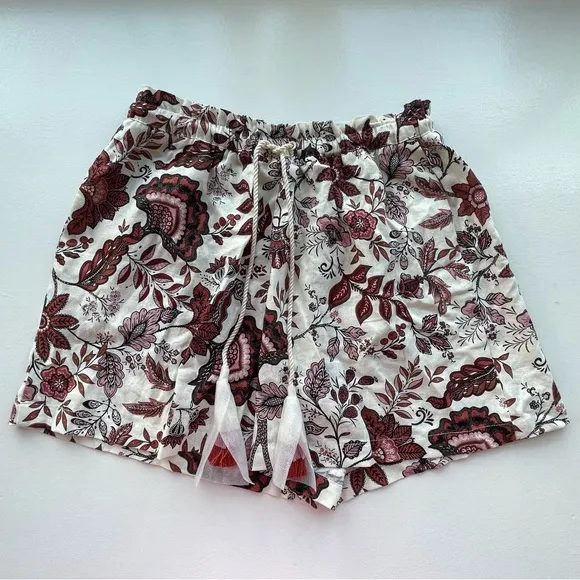 JOIE cream &amp; red floral linen high waist flowy shorts with tassel drawstring