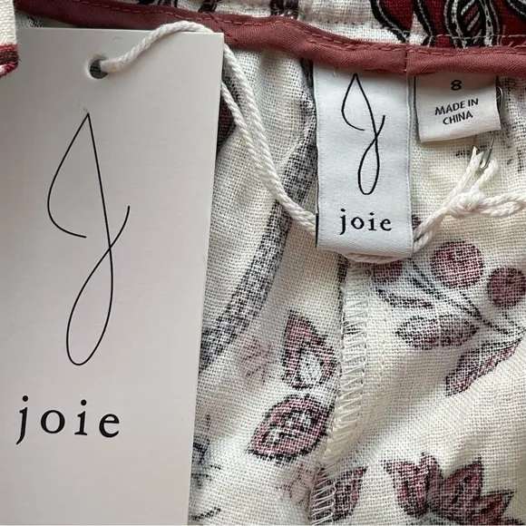 JOIE cream &amp; red floral linen high waist flowy shorts with tassel drawstring