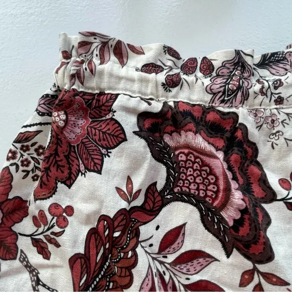 JOIE cream &amp; red floral linen high waist flowy shorts with tassel drawstring