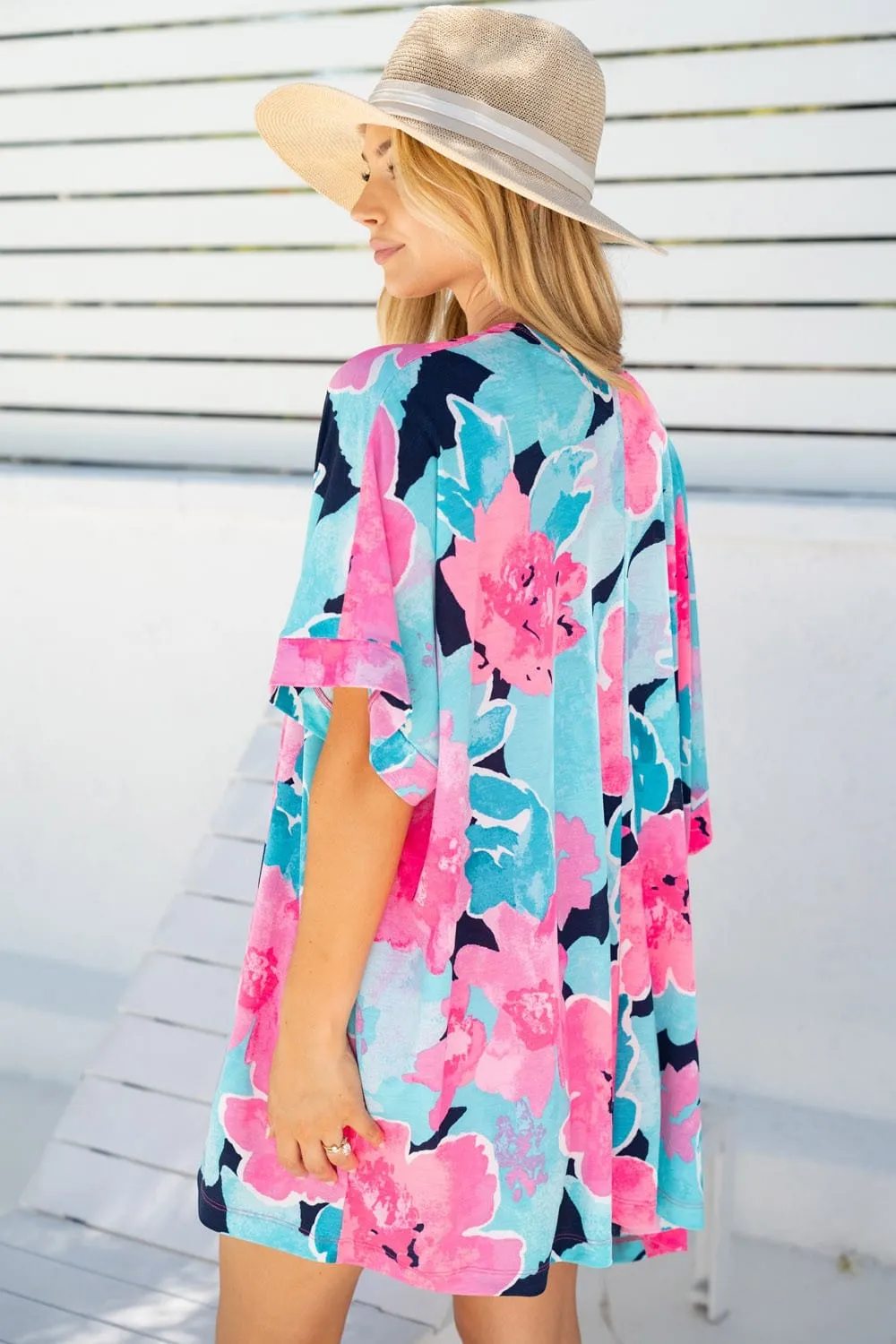 Kaitlyn Slinky Open Cardi in Bold Aqua   Pink Floral