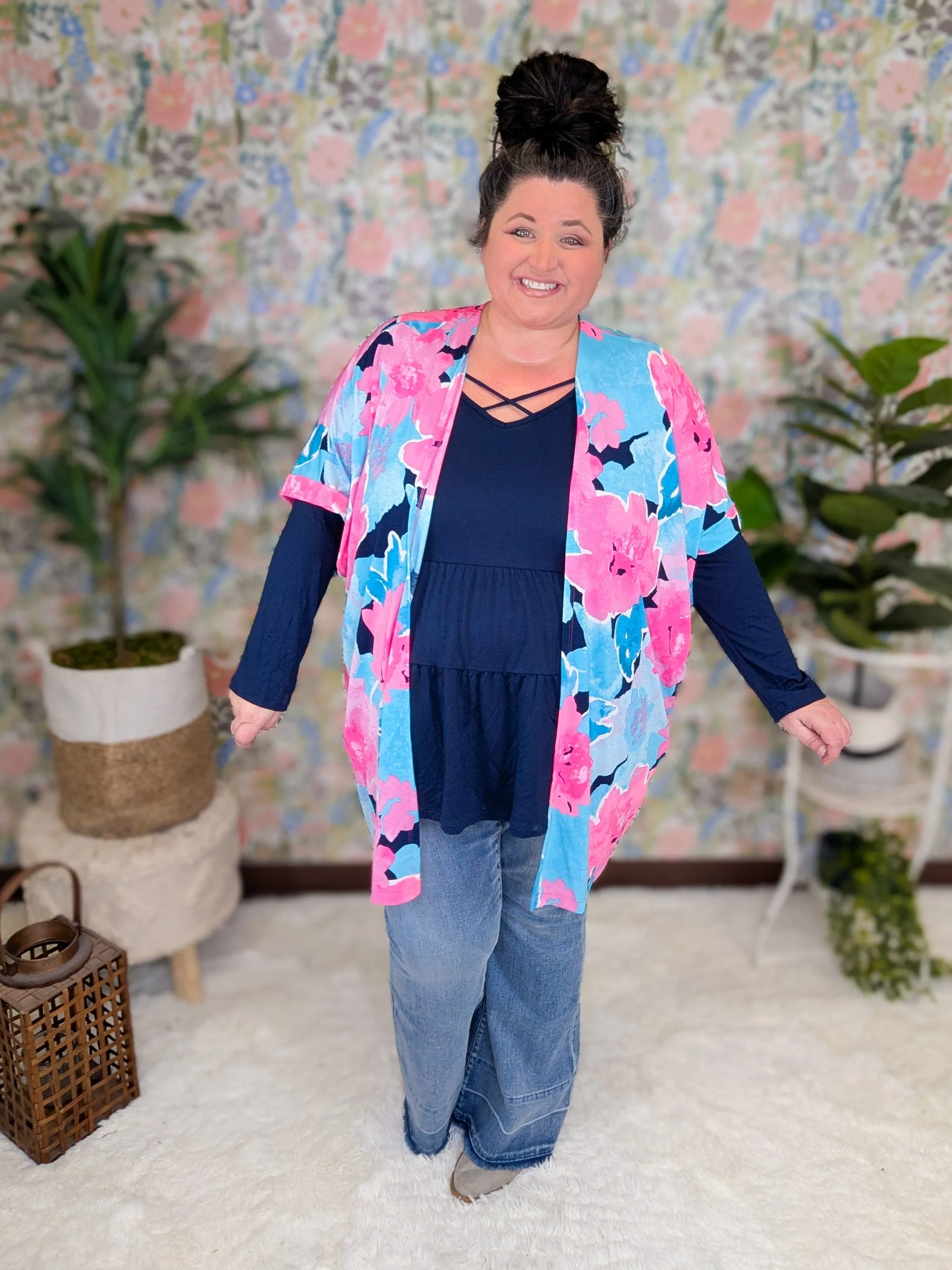 Kaitlyn Slinky Open Cardi in Bold Aqua   Pink Floral