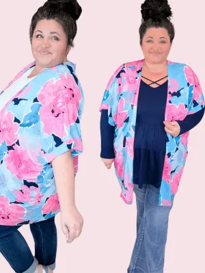Kaitlyn Slinky Open Cardi in Bold Aqua   Pink Floral