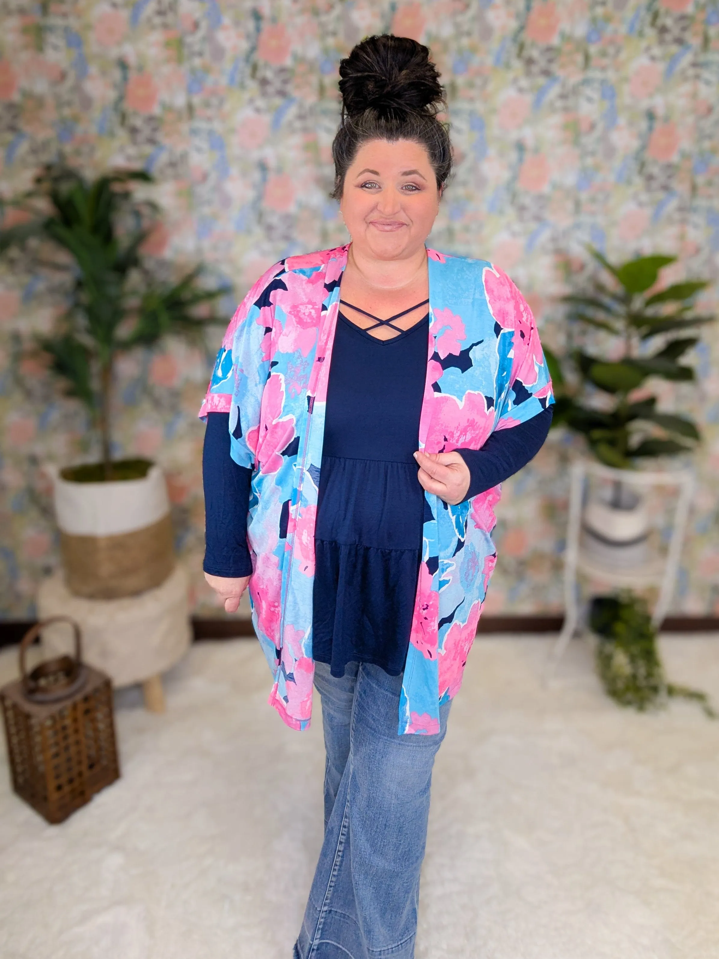 Kaitlyn Slinky Open Cardi in Bold Aqua   Pink Floral