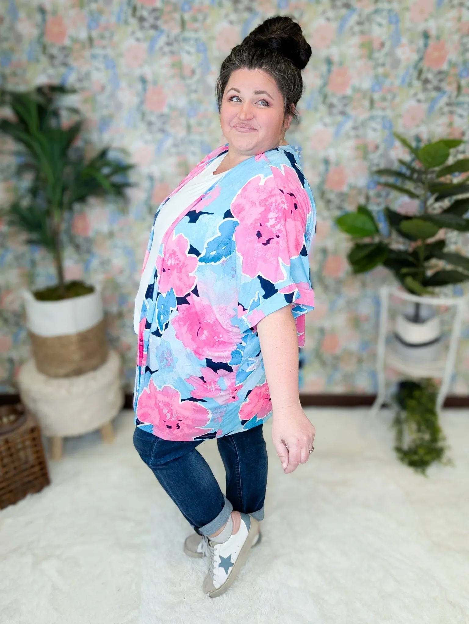Kaitlyn Slinky Open Cardi in Bold Aqua   Pink Floral