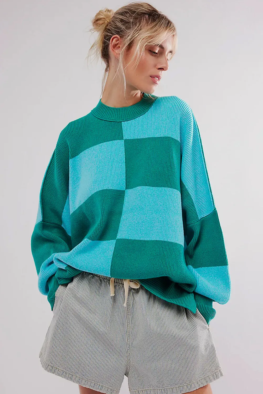 KaleaBoutique Checkered Side Slits Drop Shoulder Oversized Sweater