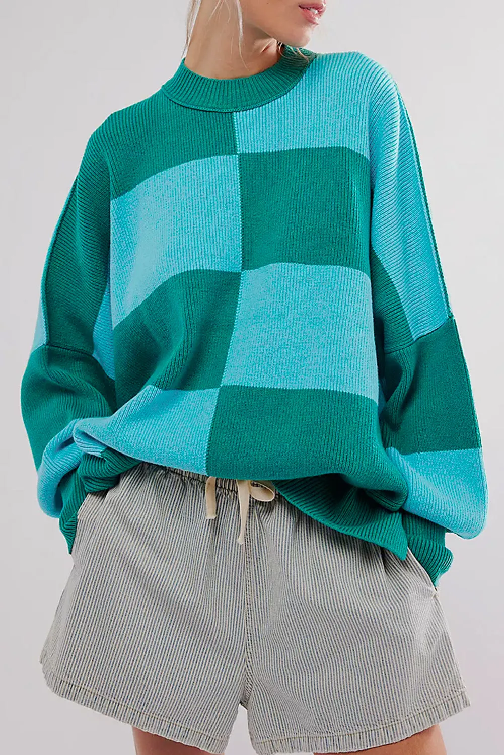 KaleaBoutique Checkered Side Slits Drop Shoulder Oversized Sweater