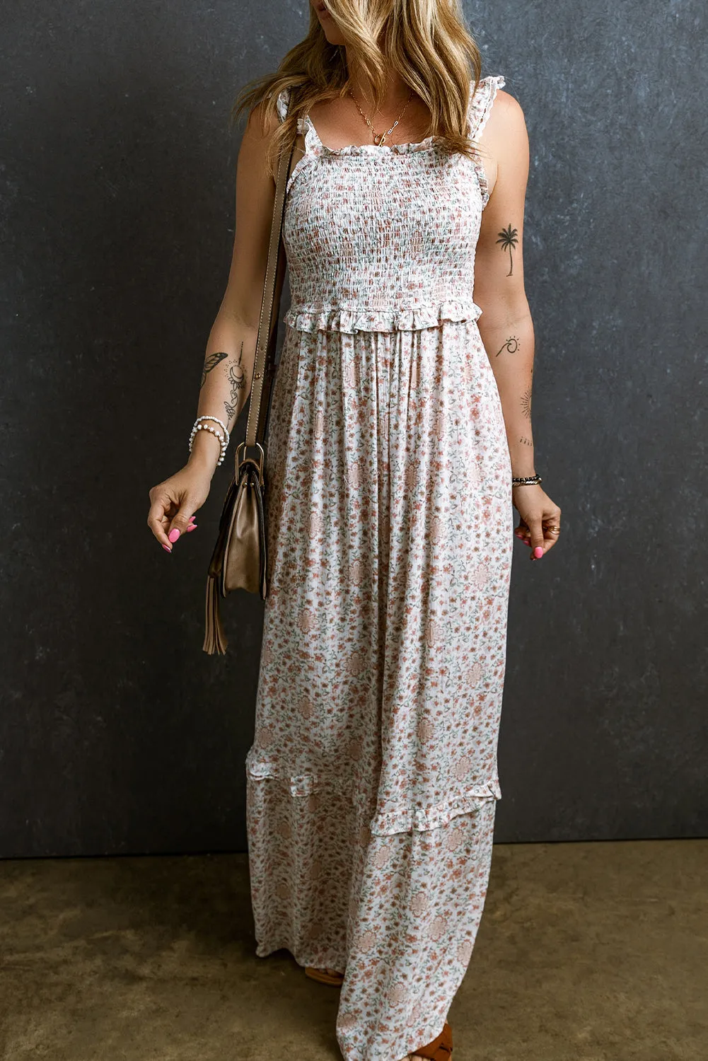 KaleaBoutique Lace Frilly Straps Shirred Floral Maxi Dress