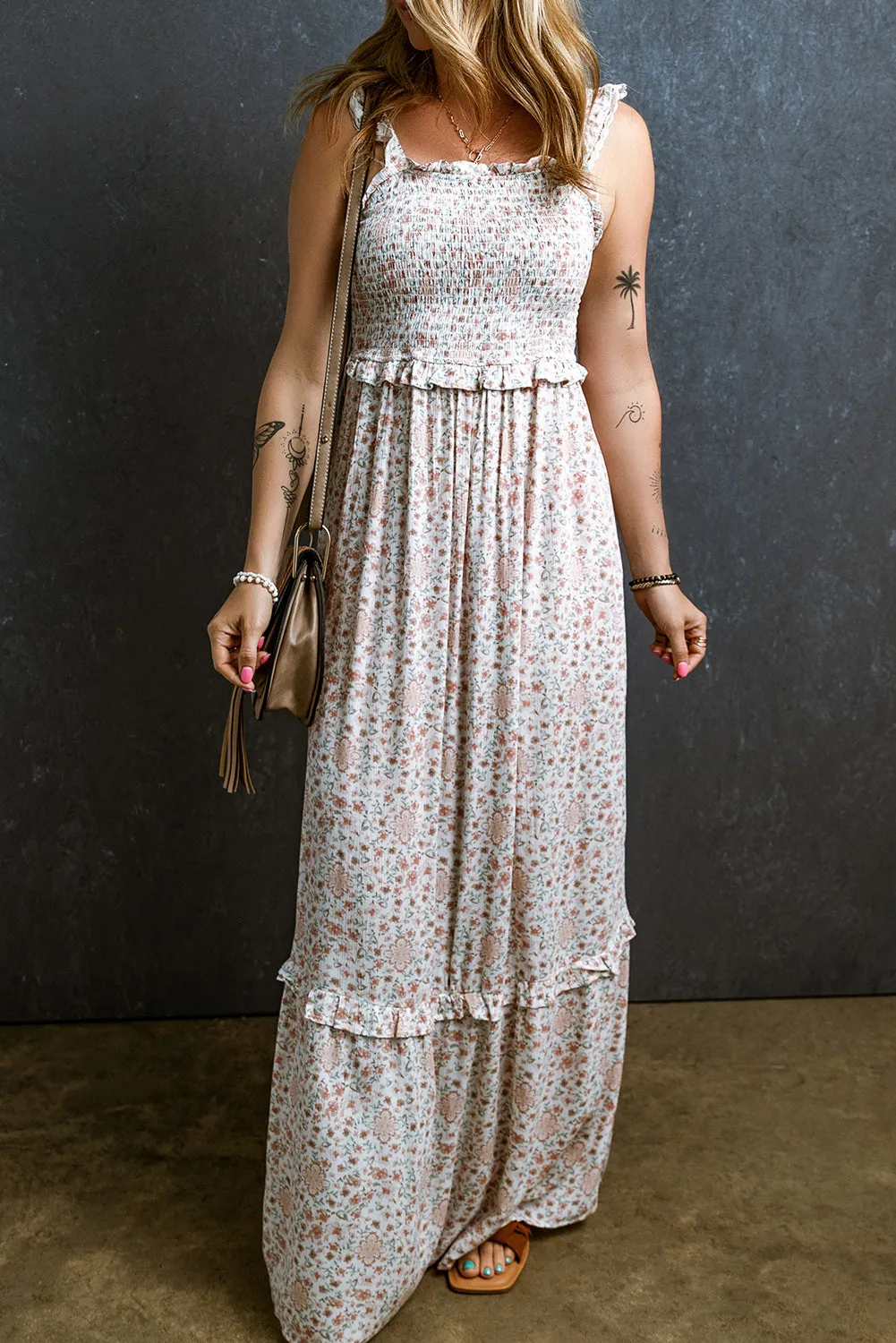 KaleaBoutique Lace Frilly Straps Shirred Floral Maxi Dress