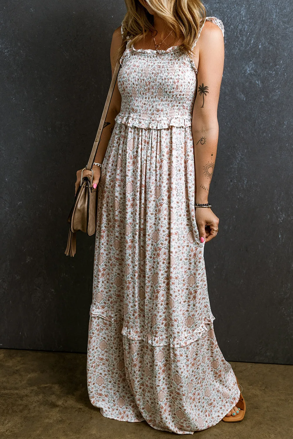 KaleaBoutique Lace Frilly Straps Shirred Floral Maxi Dress