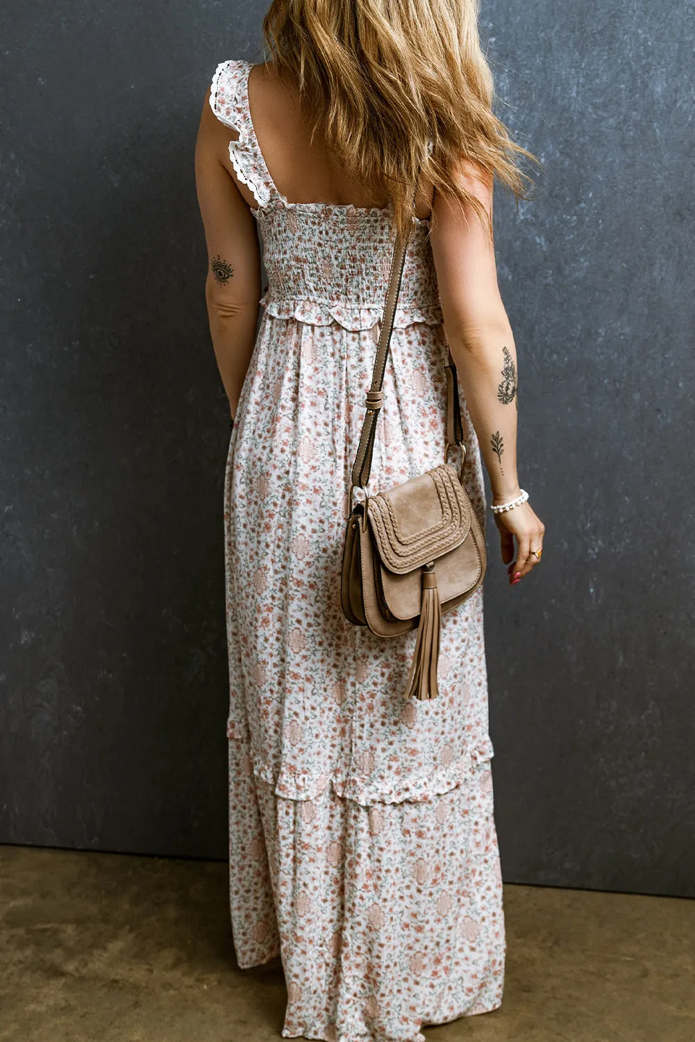 KaleaBoutique Lace Frilly Straps Shirred Floral Maxi Dress